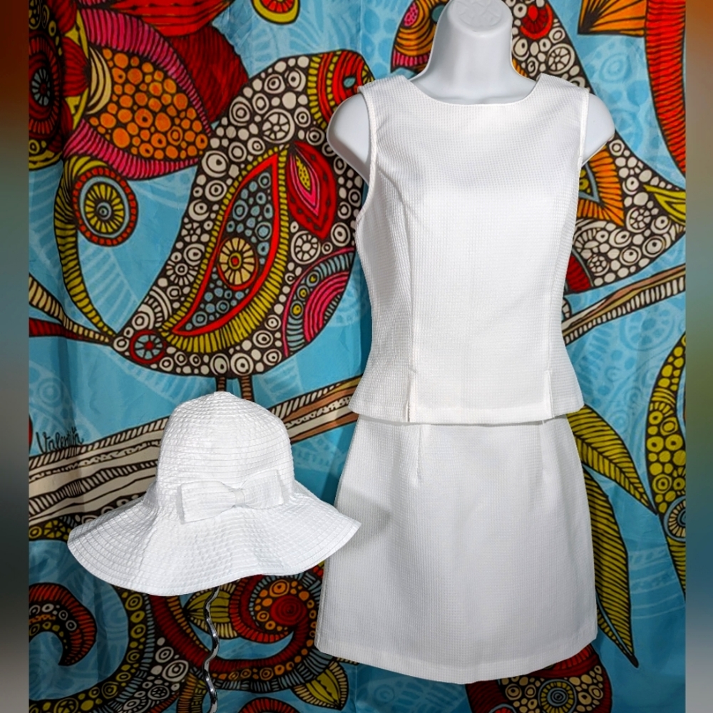 All-White Ensemble: XOXO Two-Piece Skirt Set 9/10 + Sun 'N' Sand Grosgrain Hat